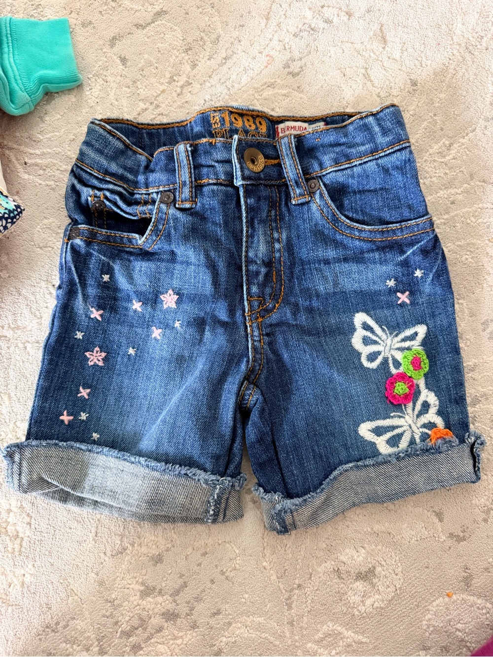 1989 Place Denim Shorts with Pink & White Embroidery